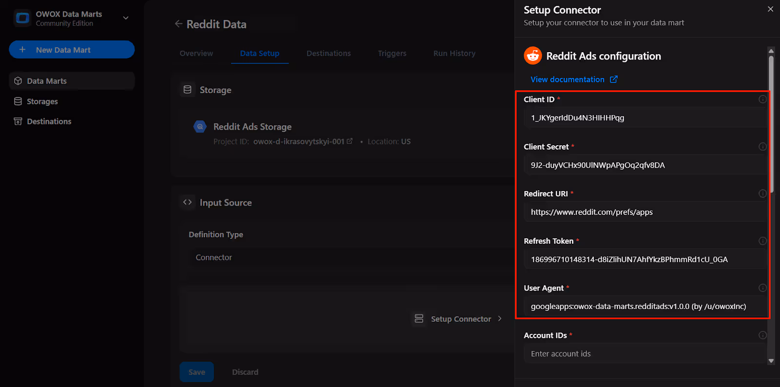 OWOX connector configuration panel with the Reddit Ads access token and Client ID field filled in for authentication.  i-shadow