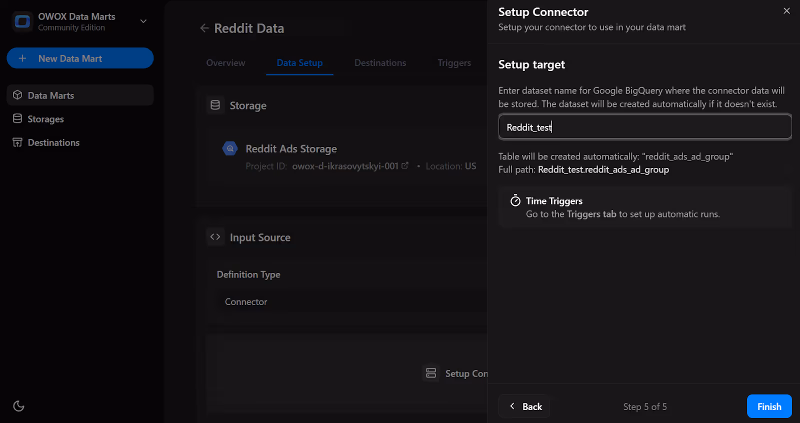 Final setup screen showing the target dataset and table path in BigQuery with time triggers hint enabled. i-shadow