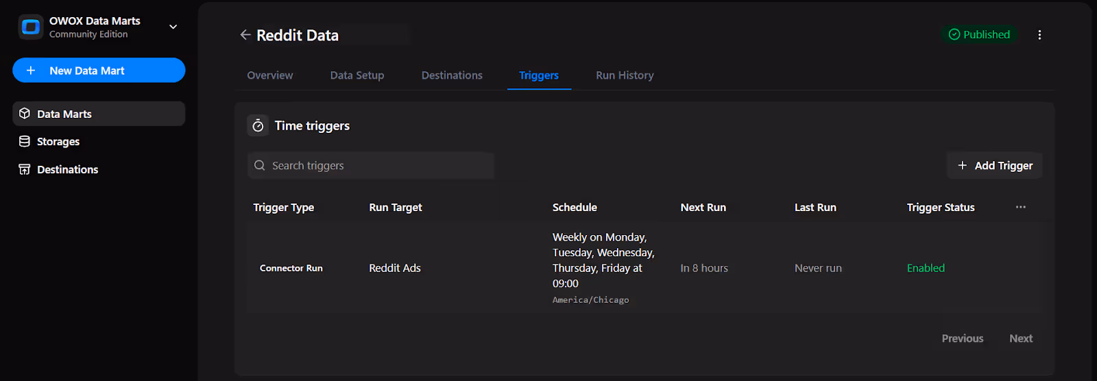 OWOX Data Marts trigger summary screen showing active time trigger details, including schedule, status, and upcoming run for Reddit Data. i-shadow