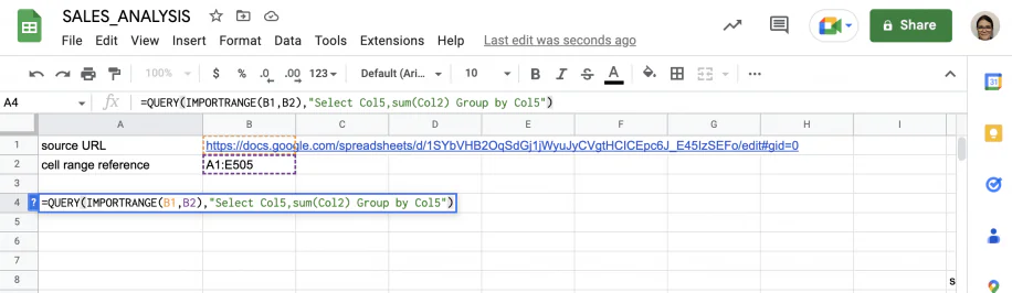 Google sheet using QUERY and IMPORTRANGE formulas to combine spend data from another spreadsheet and group by campaign column. i-border