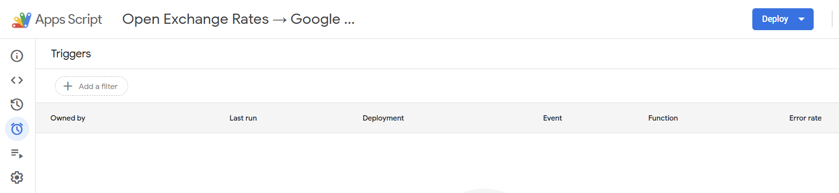 Google Apps Script Triggers page for Open Exchange Rates connector showing scheduling options for automated data refresh. i-shadow