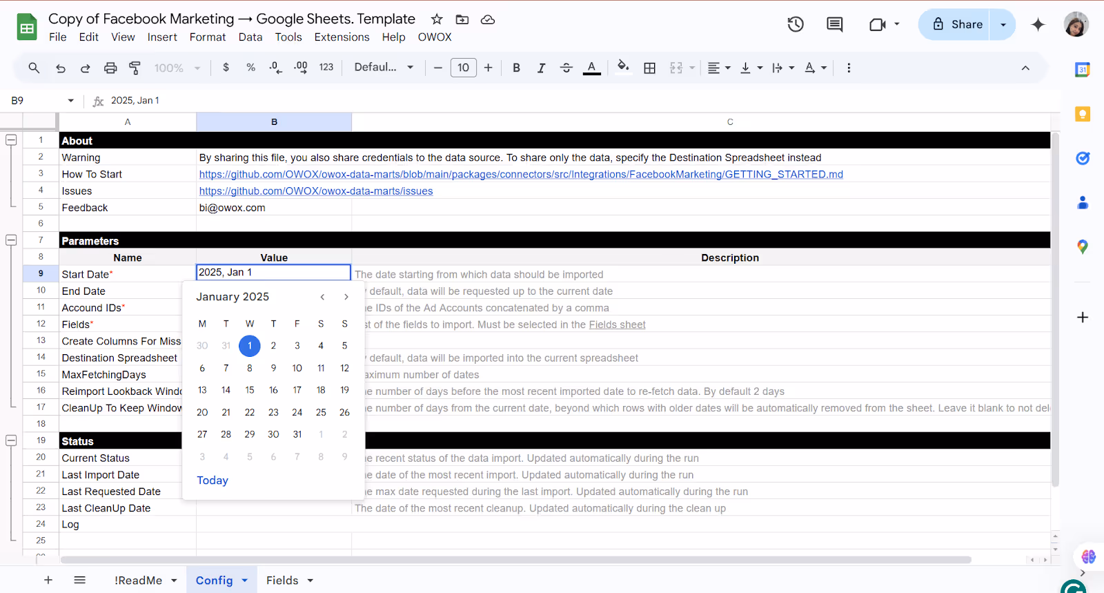 Google Sheets config sheet showing parameters like start date, end date, and account IDs for setting up a data connector. i-border