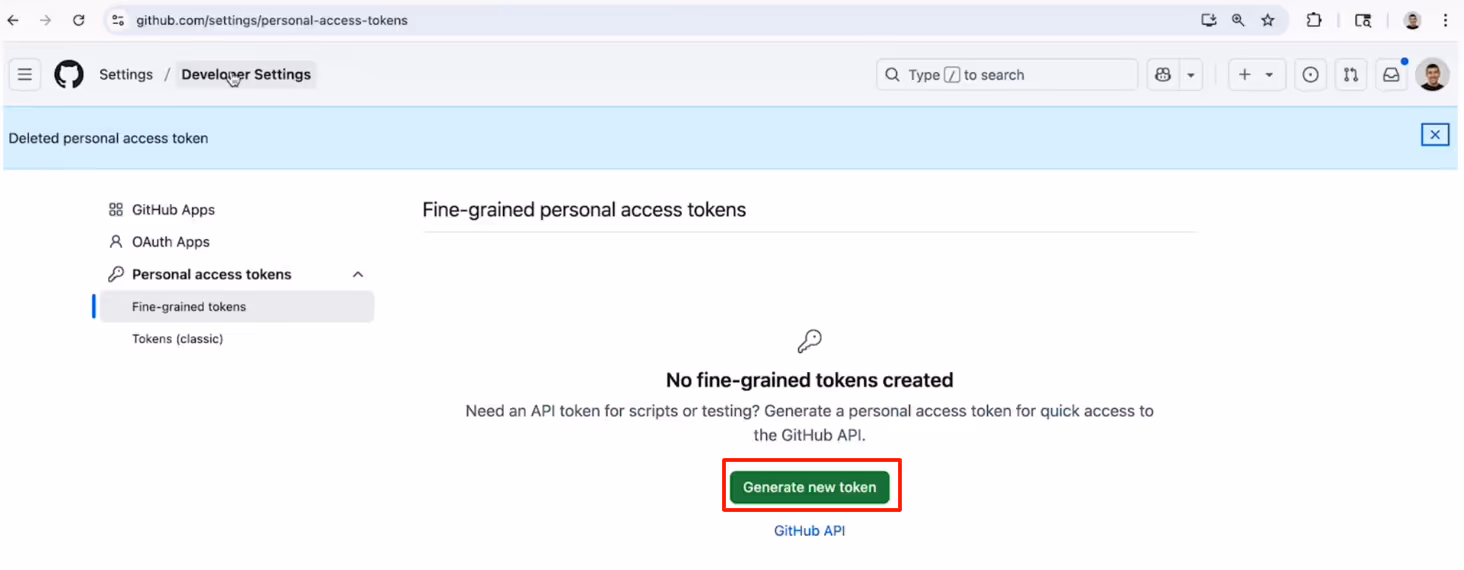 GitHub settings page showing the option to generate a new personal access token. i-shadow