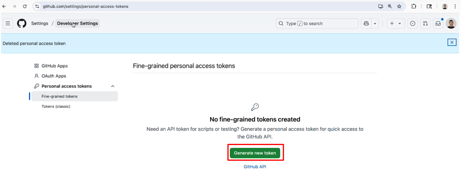  GitHub settings page showing the option to generate a new personal access token. i-shadow