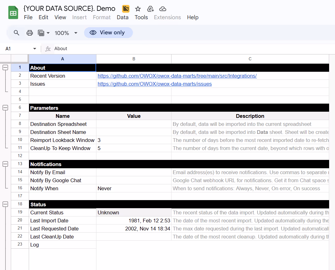 Google Sheets demo file with sections for parameters, notifications, and status fields for Token-Based Endpoint template. i-border
