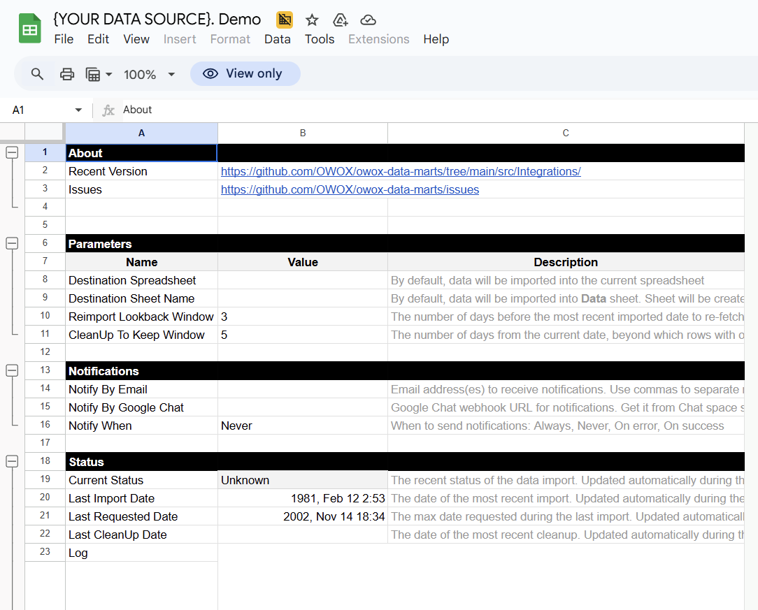 Google Sheets demo file with sections for parameters, notifications, and status fields for Token-Based Endpoint template. i-border