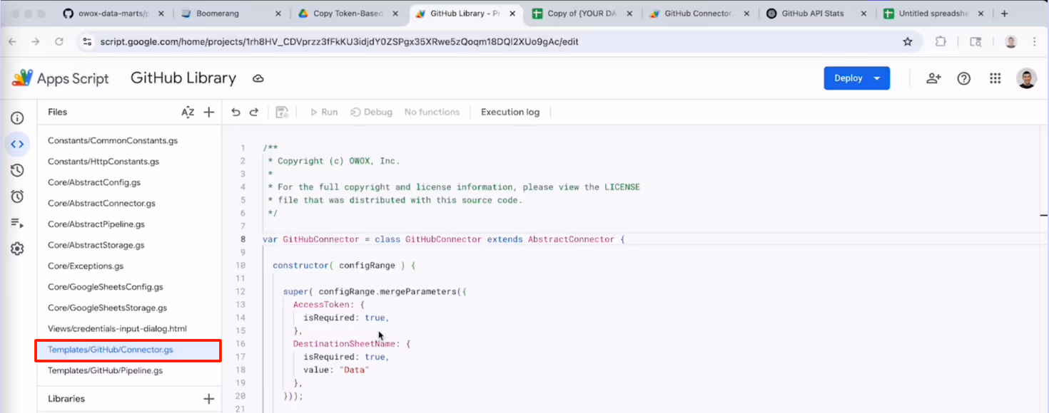 Google Apps Script editor displaying GitHubConnector class implementation. i-shadow