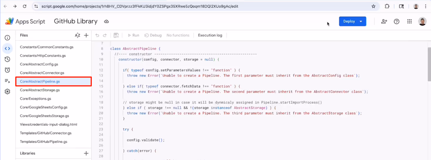 Google Apps Script editor displaying AbstractPipeline class implementation. i-shadow