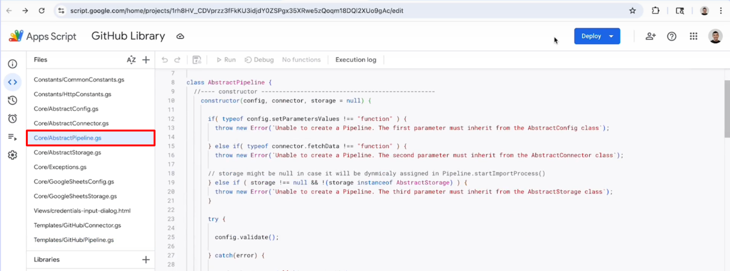 Google Apps Script editor displaying AbstractPipeline class implementation. i-shadow