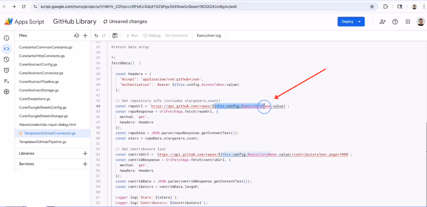 Google Apps Script editor showing fetchData function with GitHub API calls. i-shadow
