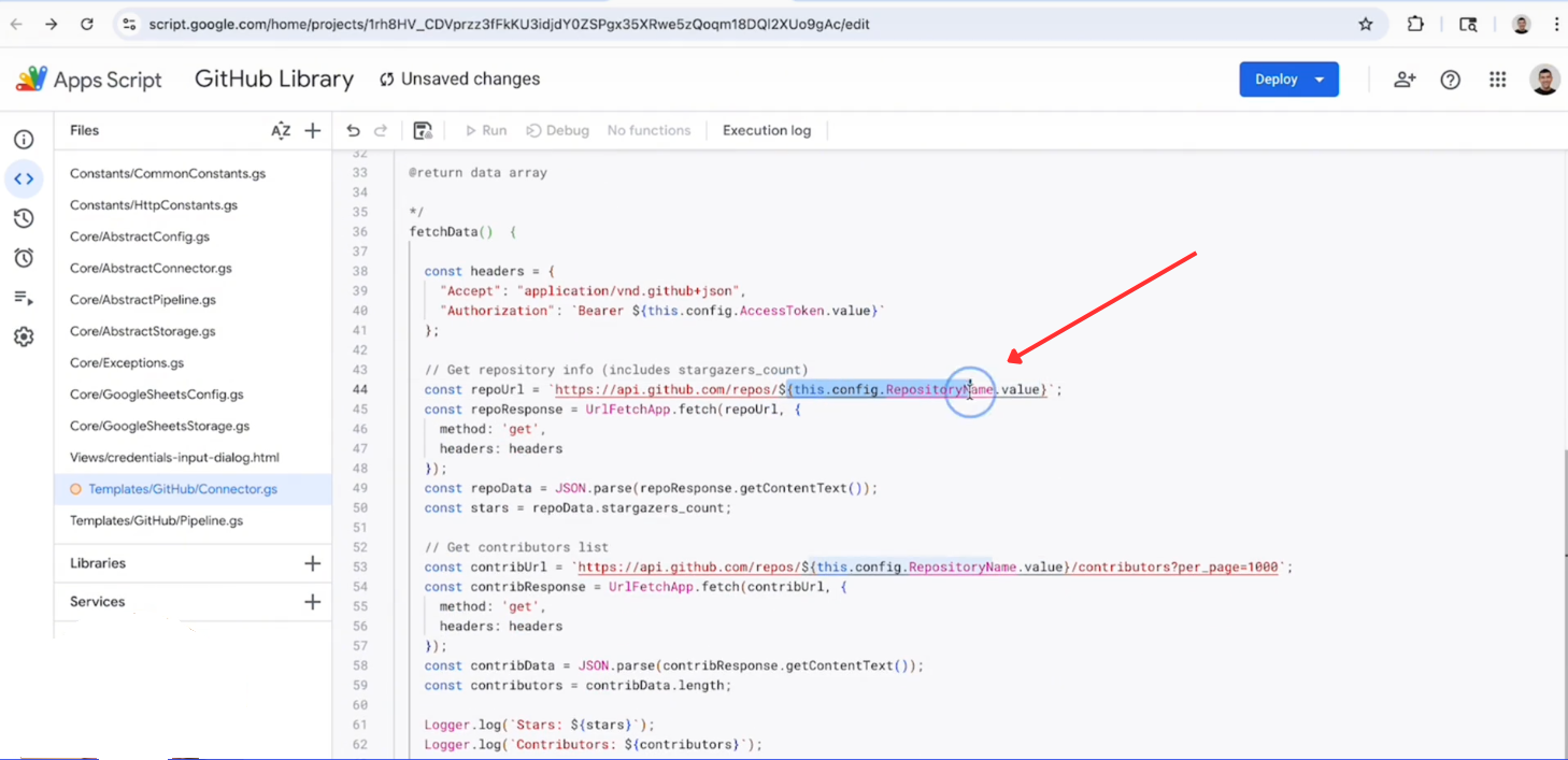 Google Apps Script editor showing fetchData function with GitHub API calls. i-shadow