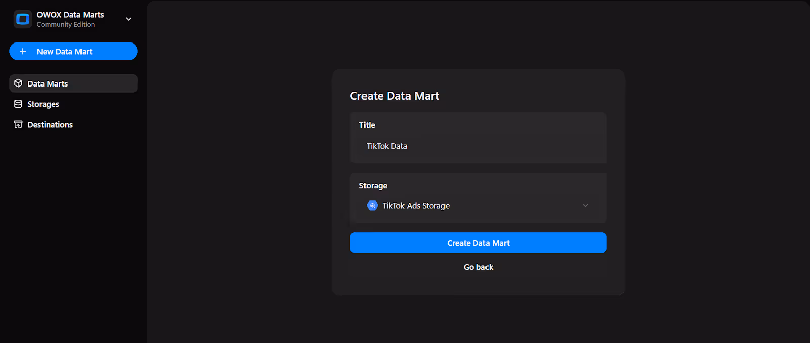 Create Data Mart screen with title set to "TikTok Data" and storage selected as "TikTok Ads Storage".  i-shadow