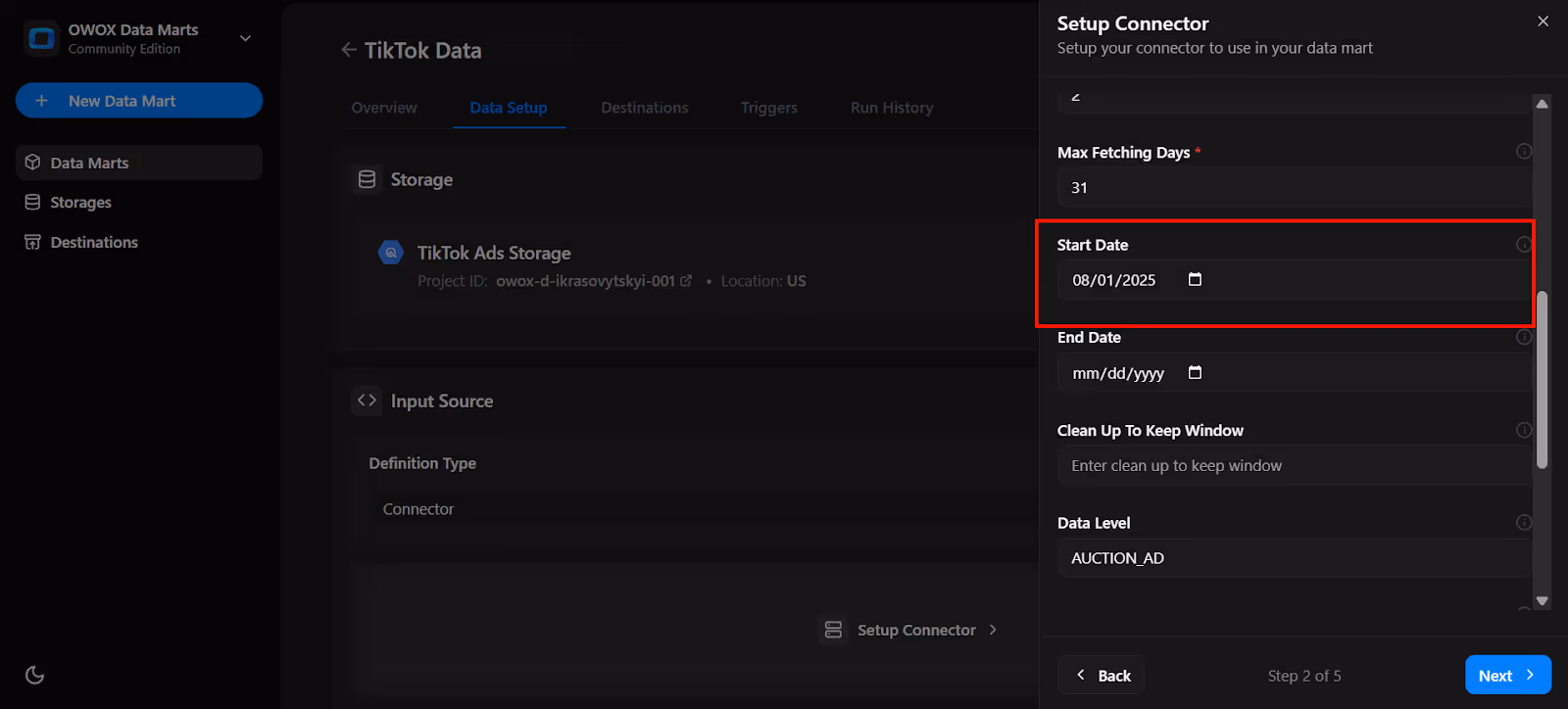 Connector configuration form with the Start Date field set to 2025-07-01 for fetching data from TikTok Ads. i-shadow