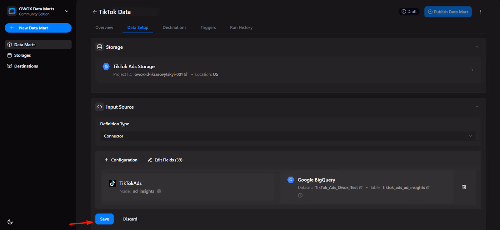 OWOX Data Marts configuration screen showing successful mapping between TikTok Ads and BigQuery table with a Save button. i-shadow