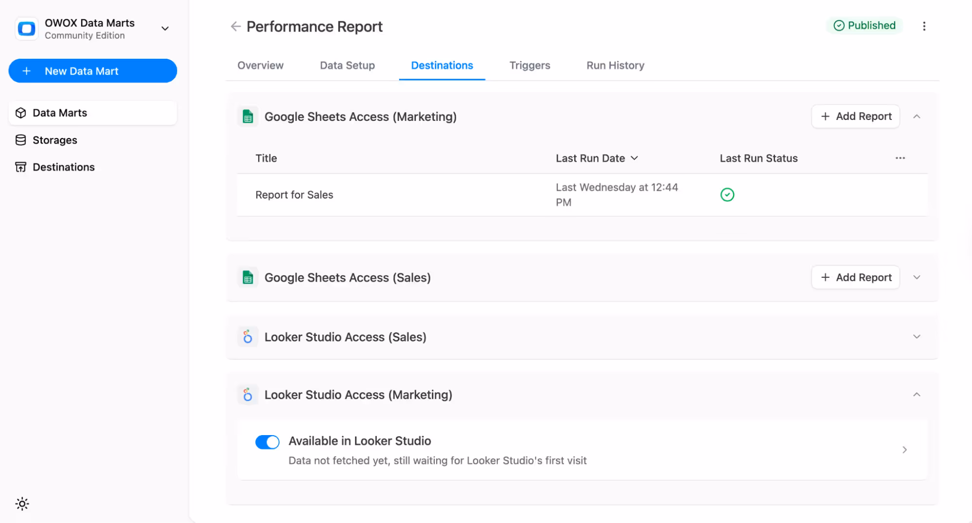 OWOX Data Marts dashboard showing destinations setup for Looker Studio, with toggled access for Looker Studio integration. i-shadow