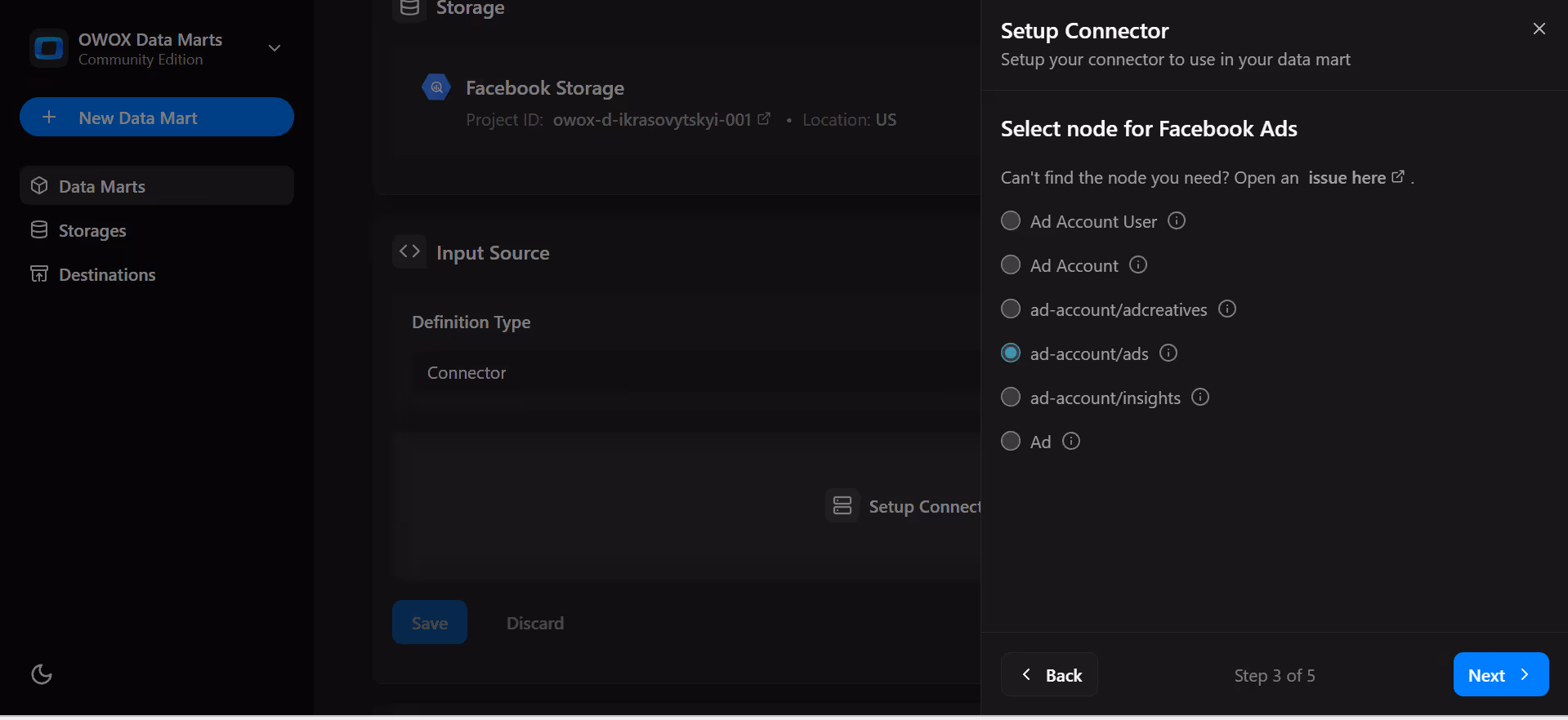 Node selection menu for Facebook Ads with options like ad-account/ads. i-shadow