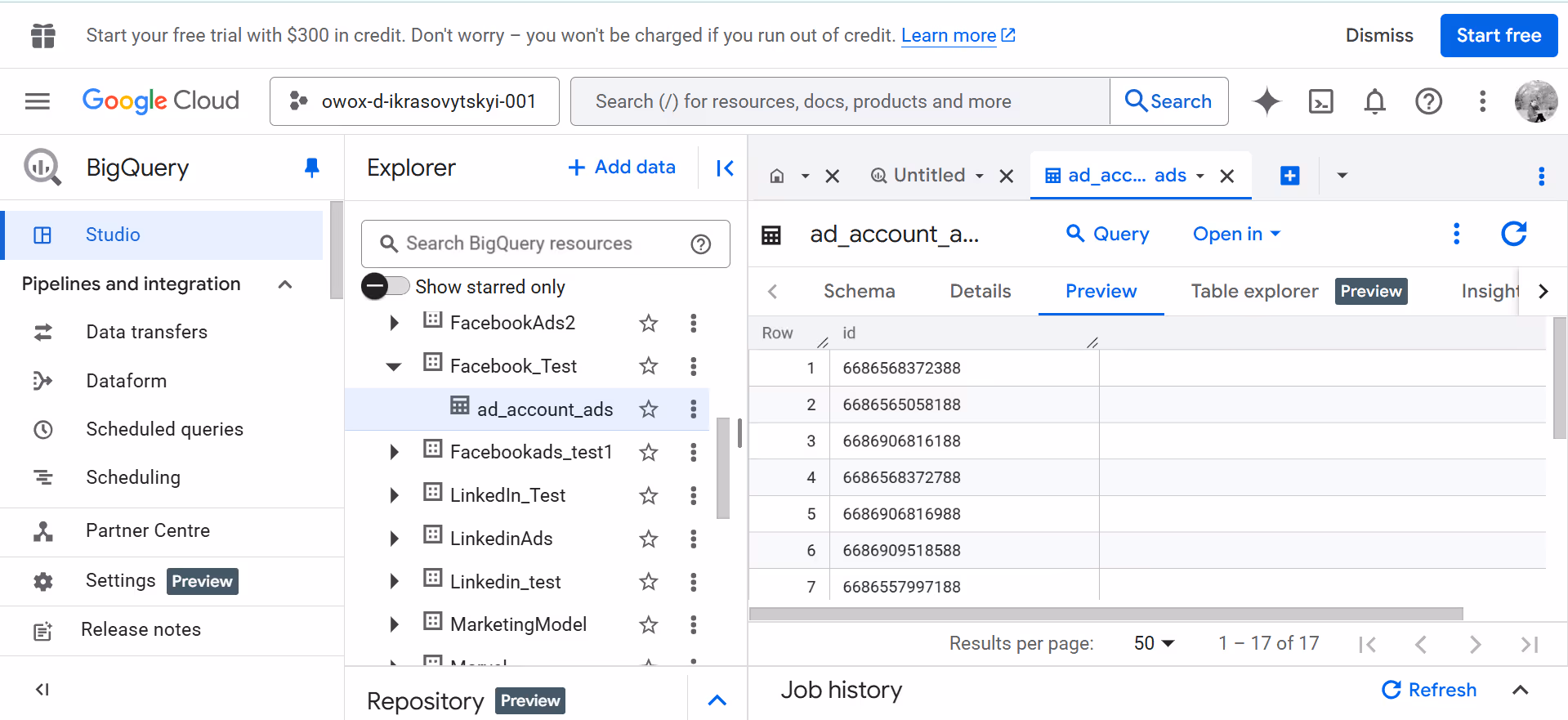 BigQuery table preview showing Facebook Ads data with fields confirming successful data import. i-shadow