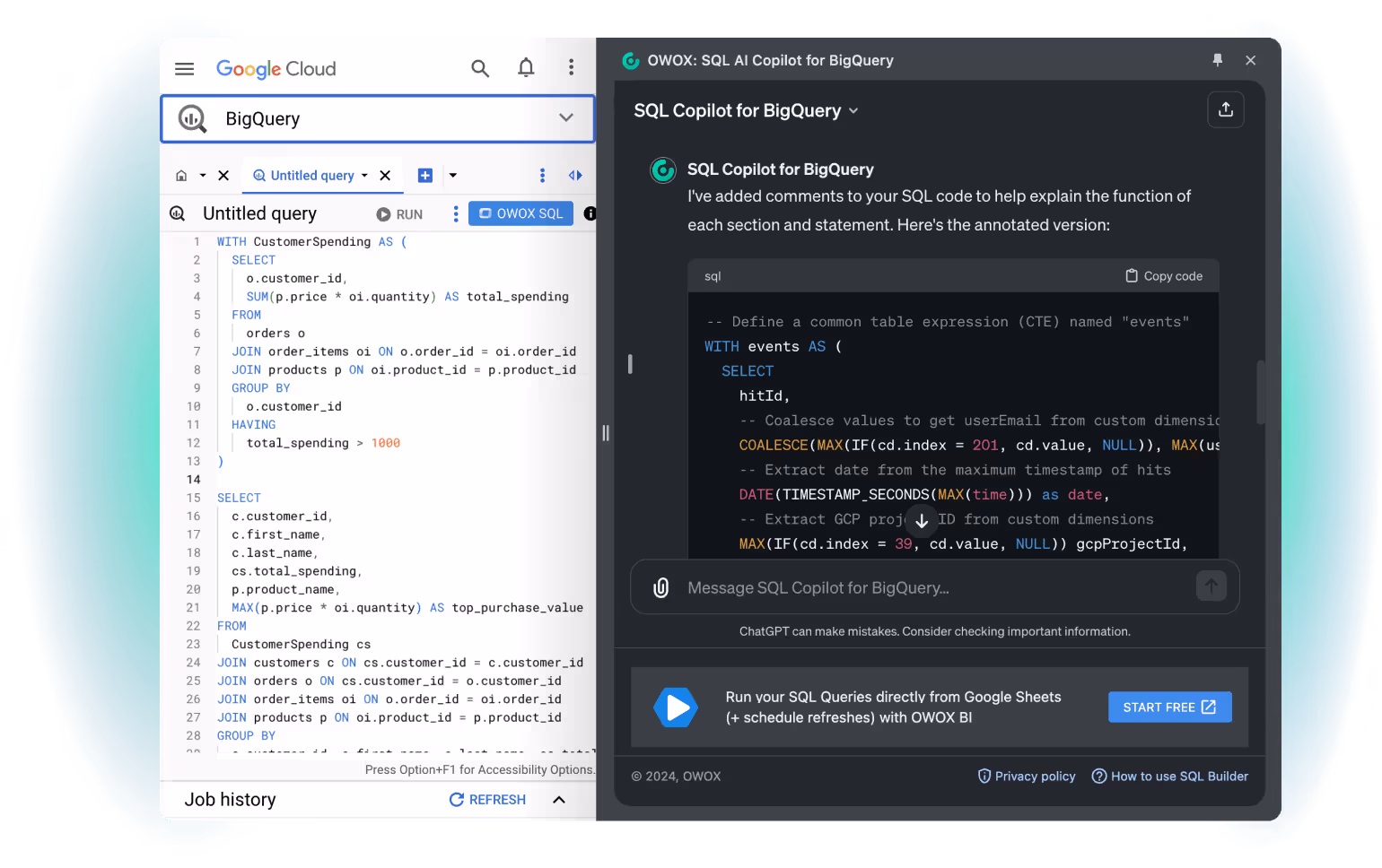 Split view showing a BigQuery SQL query on Google Cloud and its explanation by OWOX SQL Copilot.