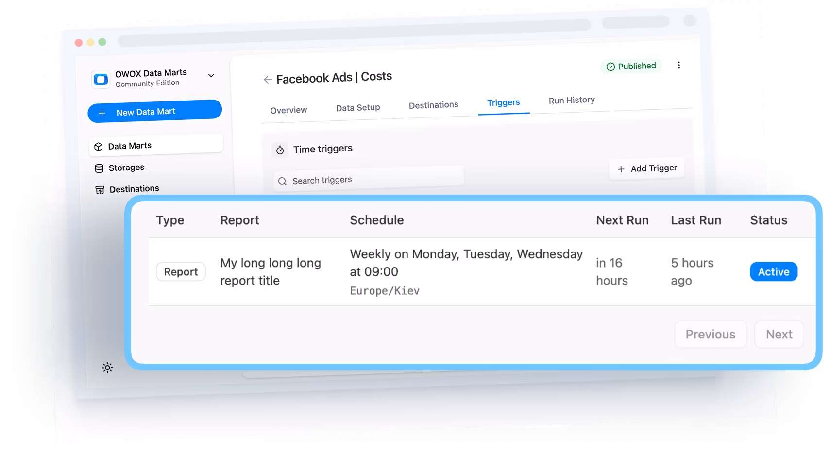 OWOX Data Marts trigger panel showing scheduled report refresh details.