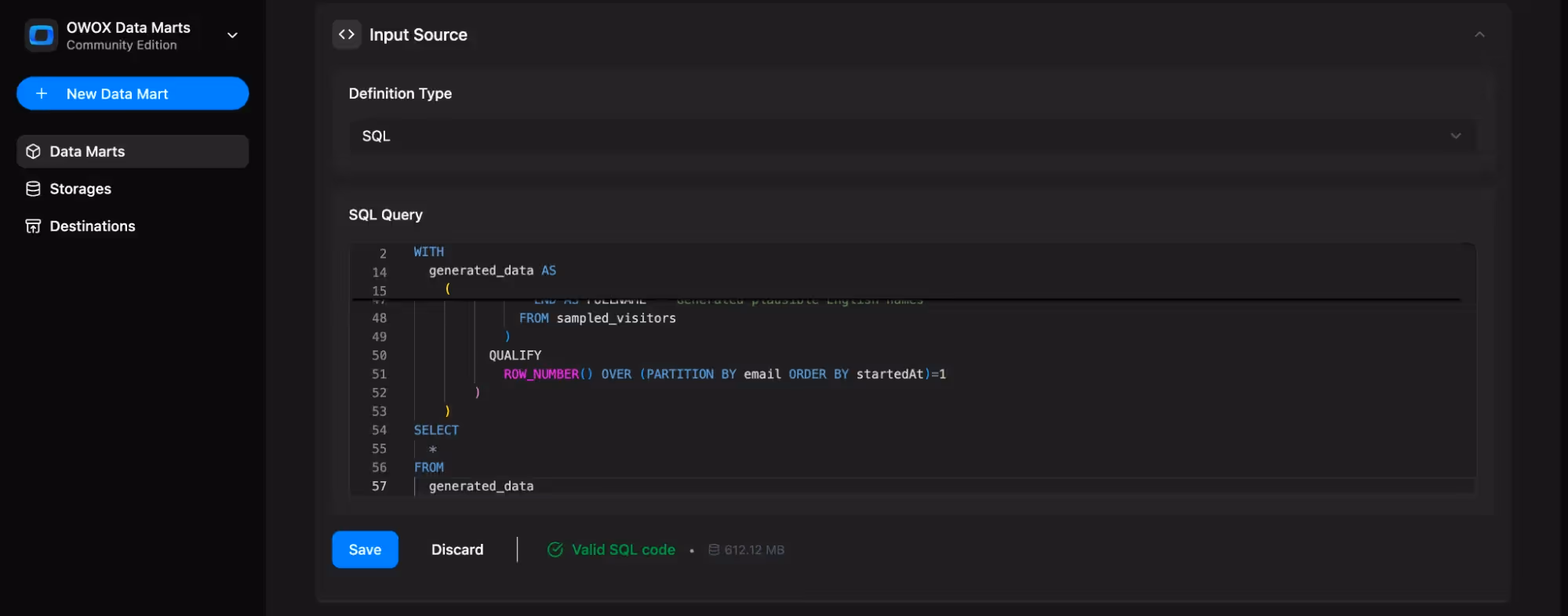 OWOX Data Marts Community Edition interface showing an SQL query. i-shadow