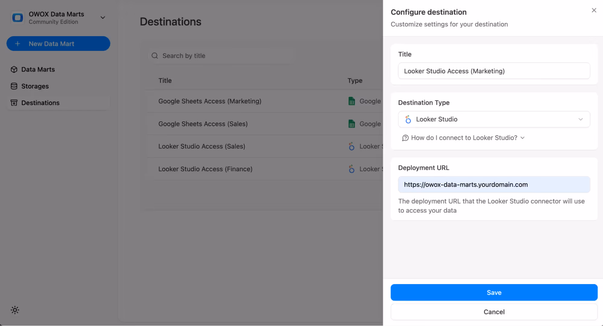  Configure destination screen in OWOX Data Marts with Looker Studio selected as destination type and a deployment URL input field highlighted. i-shadow