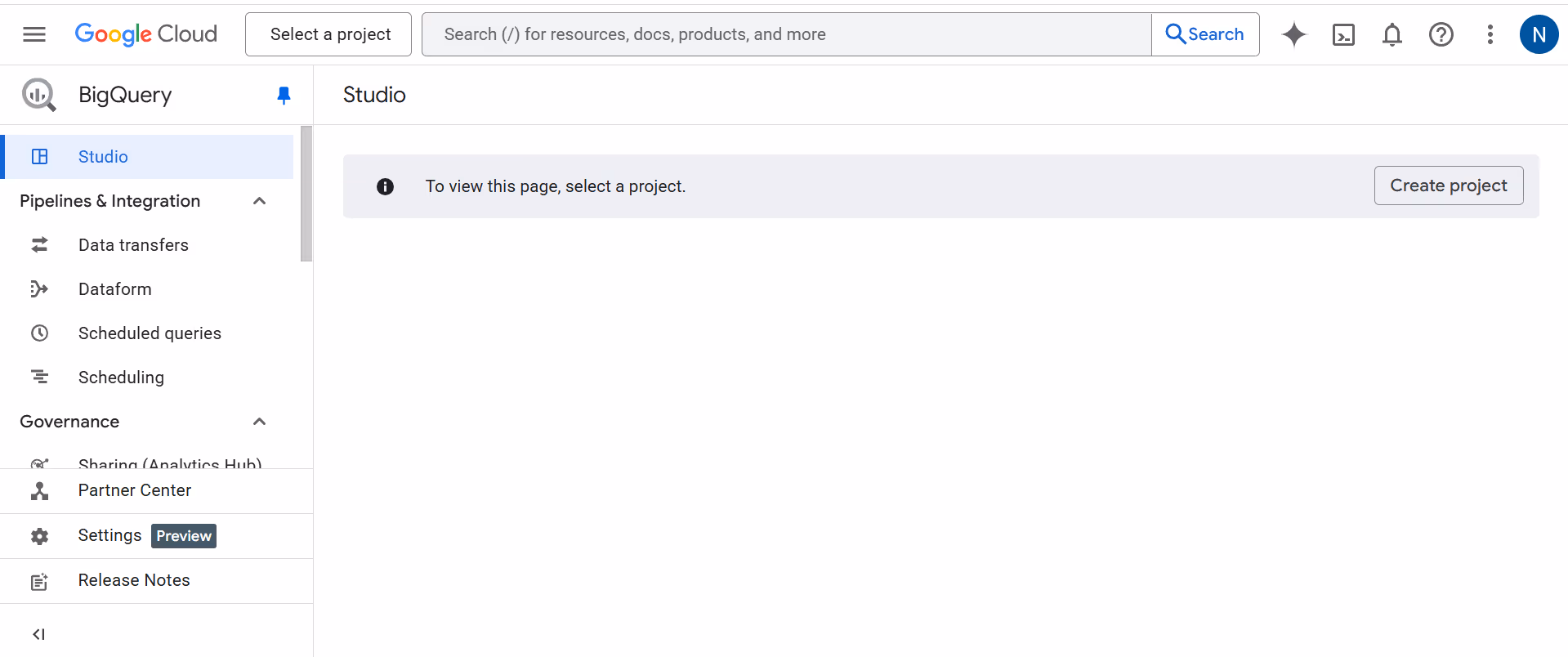 Google Cloud BigQuery UI showing the “Create Project” button and the left-hand menu for navigation. i-shadow