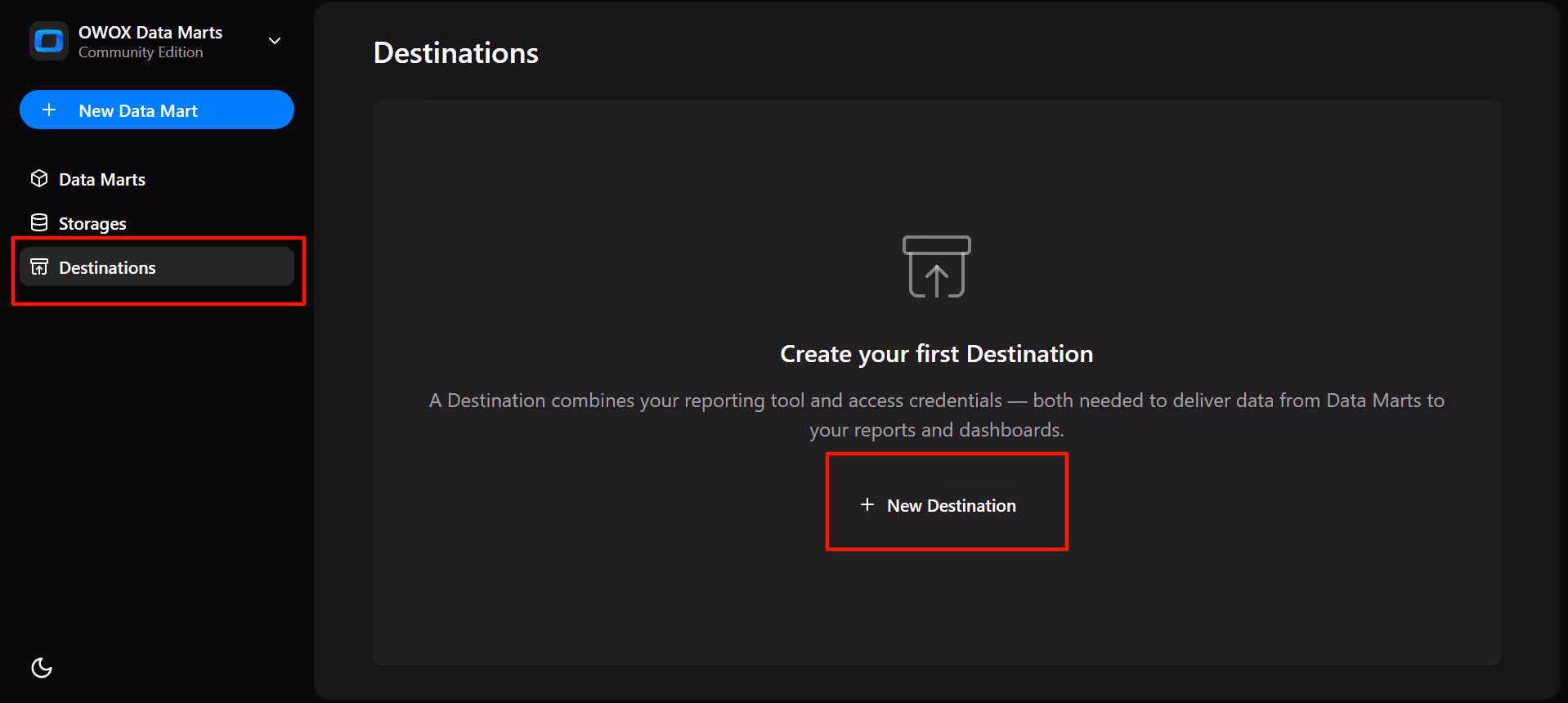  OWOX Data Marts interface highlighting the Destinations tab and "+ New Destination" button to create a destination for report delivery. i-shadow