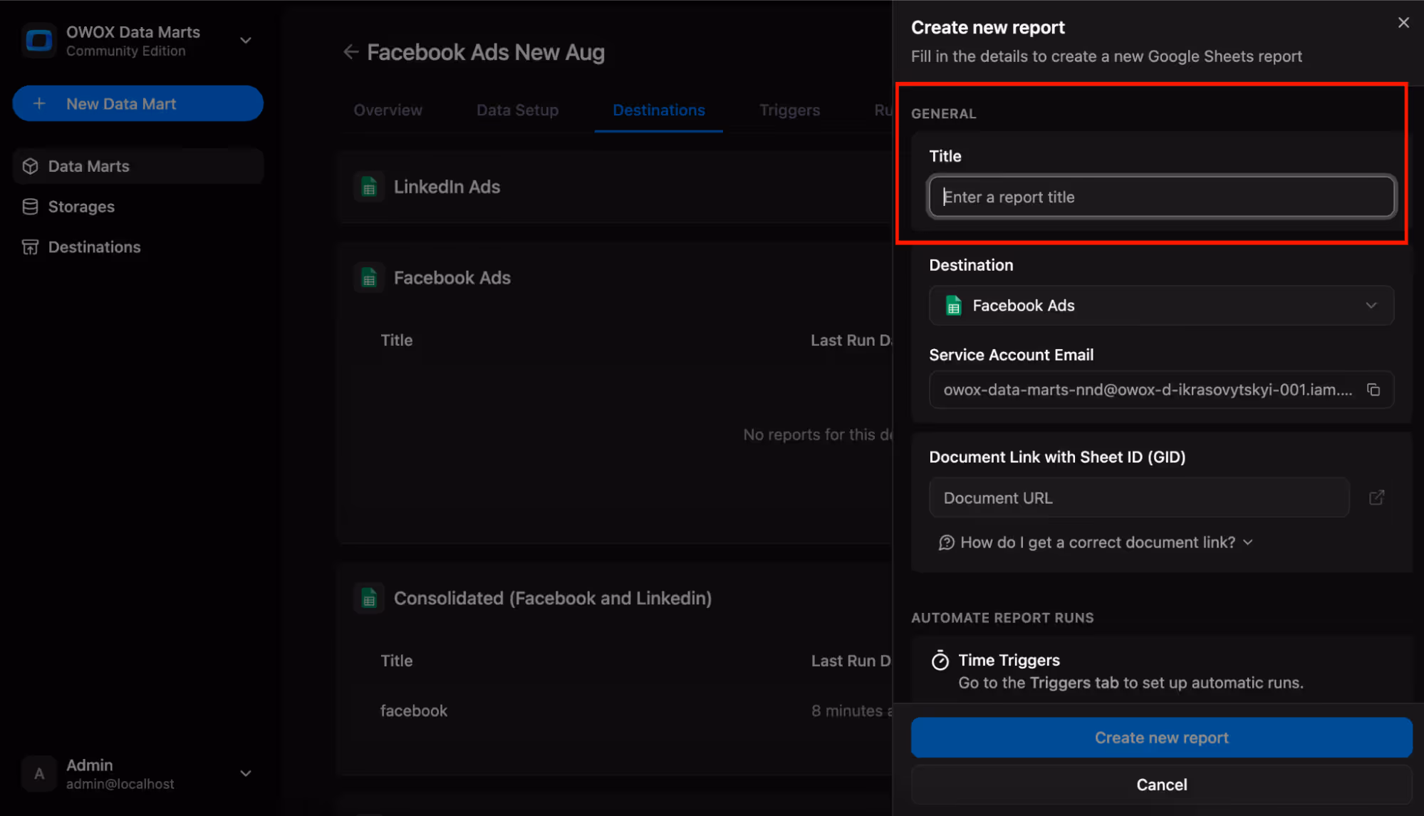 OWOX Data Marts interface showing the “Create new report” panel with a highlighted field to add the report title. i-shadow