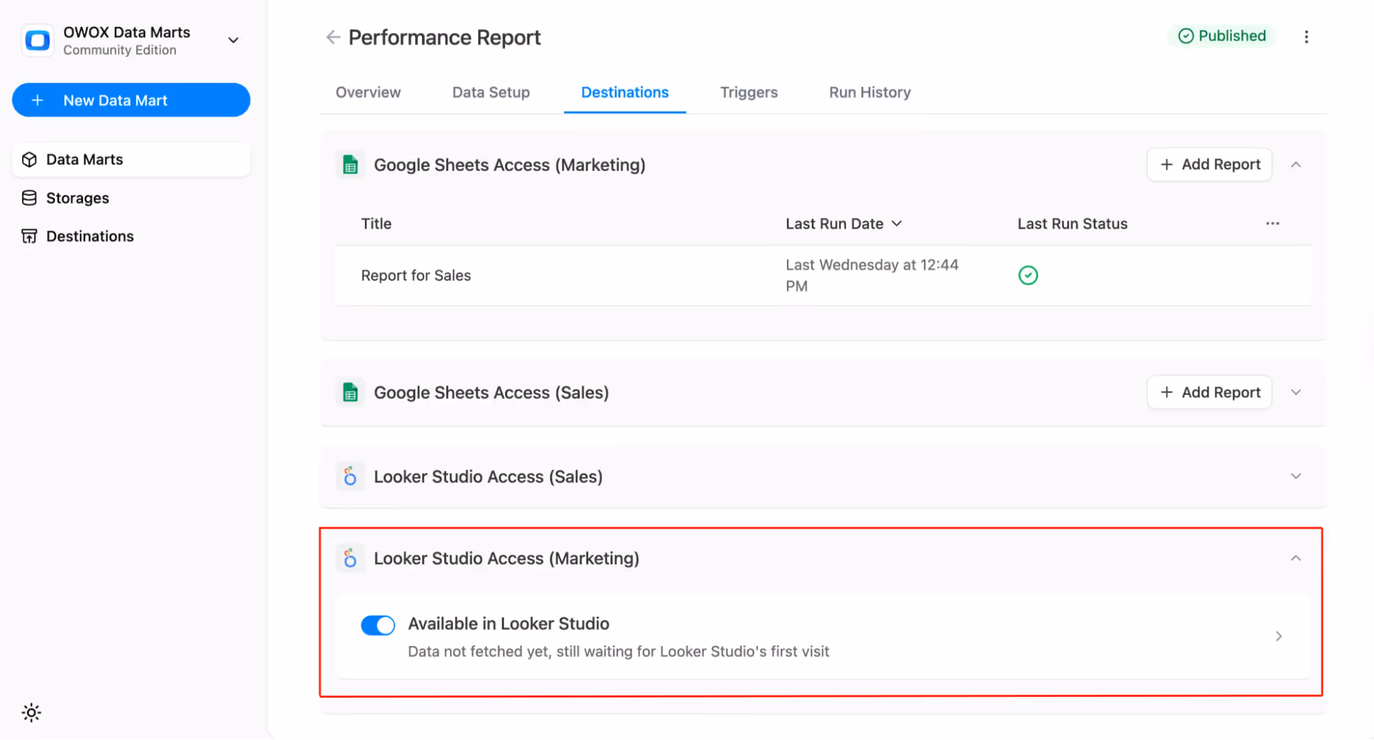 OWOX Data Marts Destinations tab showing Google Sheets and Looker Studio access configurations for a performance report, with status indicators for each destination. i-shadow