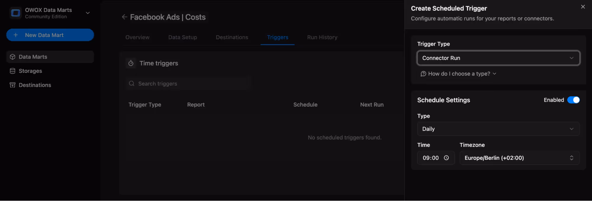Connector Trigger being set up for Facebook ads to BigQuery. i-shadow