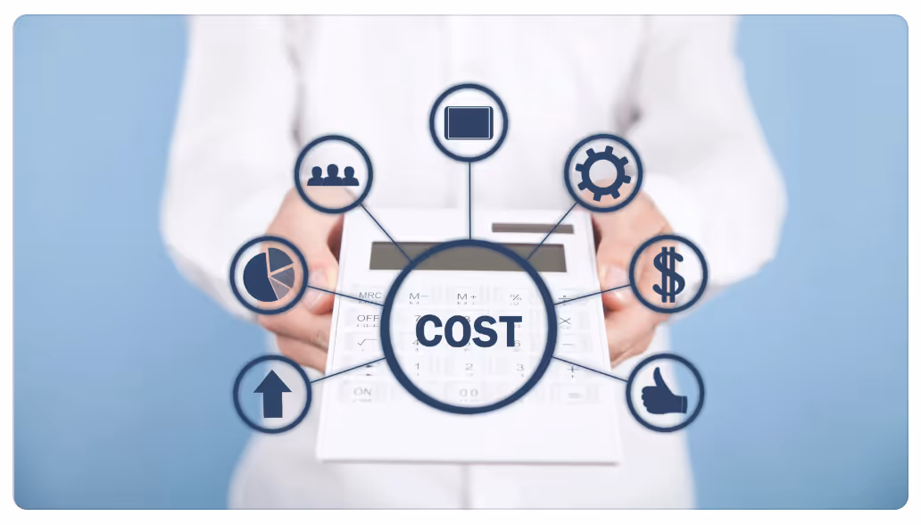 Cost analysis concept with interconnected icons representing key business factors like budget, growth, team, and performance drivers. i-radius