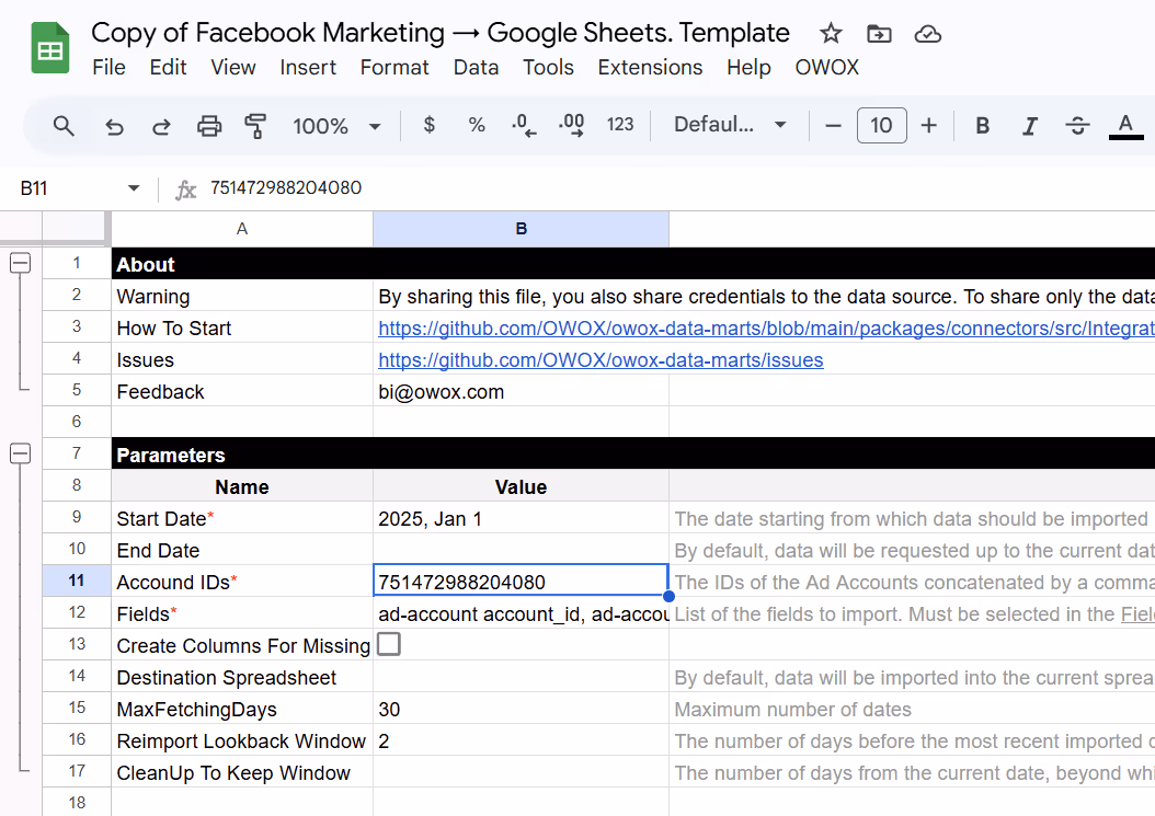 Google Sheets template for setting up Facebook Ads data import parameters. i-shadow