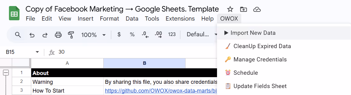 Facebook Ads data  being imported in Google Sheets Template. i-shadow 