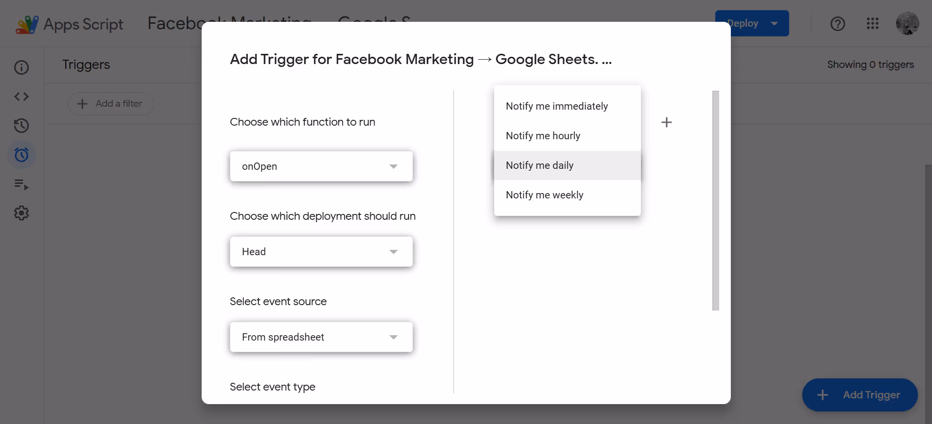 OWOX Apps Script connector settings in Google Sheets showing trigger options for scheduling automated data refresh at custom intervals.