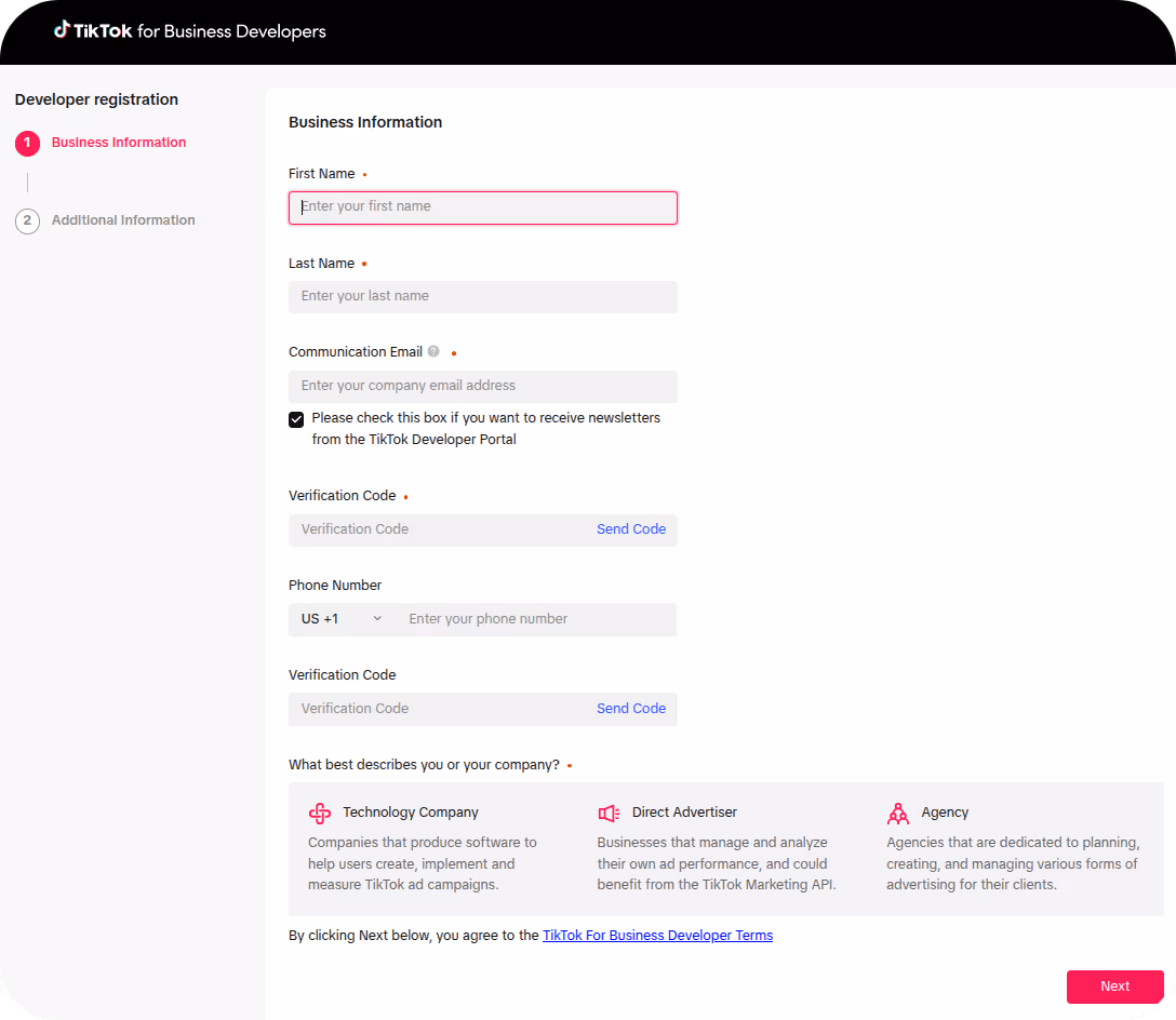 TikTok Developer registration form with fields for name, email, phone, and company type. i-shadow