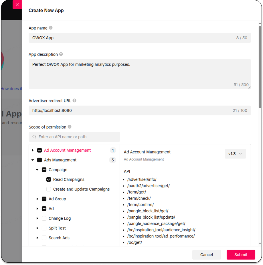 TikTok app setup screen with fields for app name, description, redirect URL, and selected permissions. i-shadow