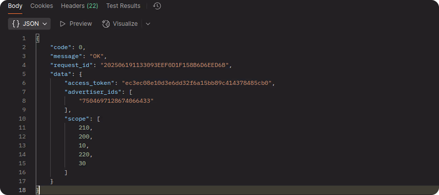 Example JSON response from TikTok API showing access token, advertiser ID, and scope permissions after successful authentication. i-shadow