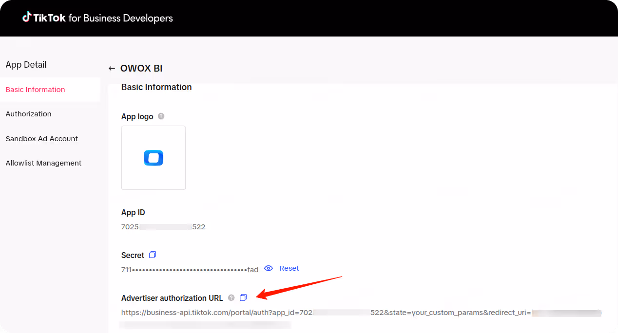 TikTok app details page showing App ID, secret key, and authorization URL. i-shadow