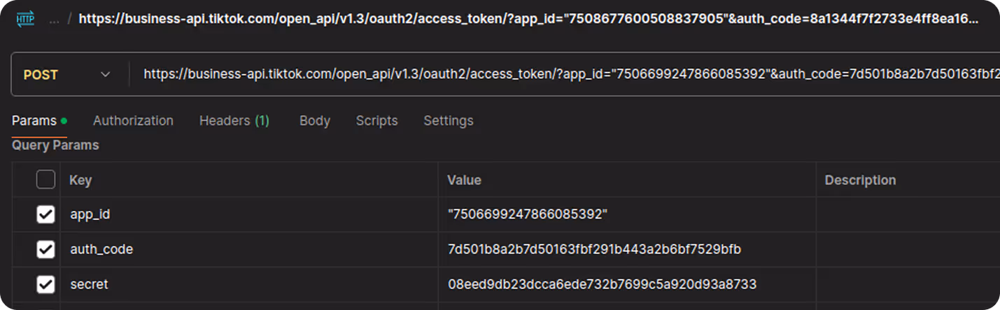 TikTok API access token request showing app ID, auth code, and secret values. i-shadow