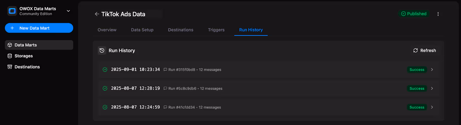 Run History tab in OWOX Data Marts displaying the status message ‘Import is finished’. i-shadow