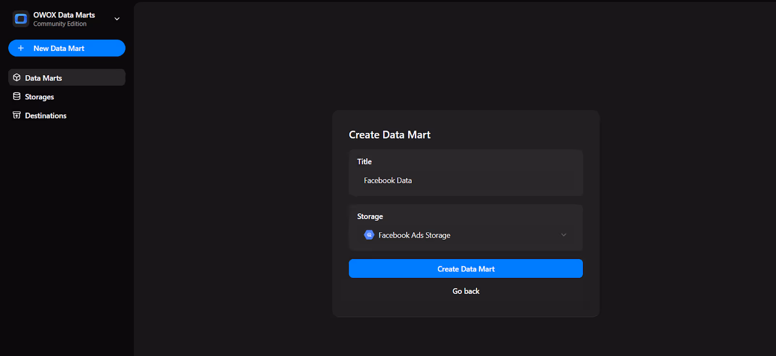Create Data Mart screen with title set to "Facebook Data" and storage selected as "Facebook Ads Storage". i-shadow