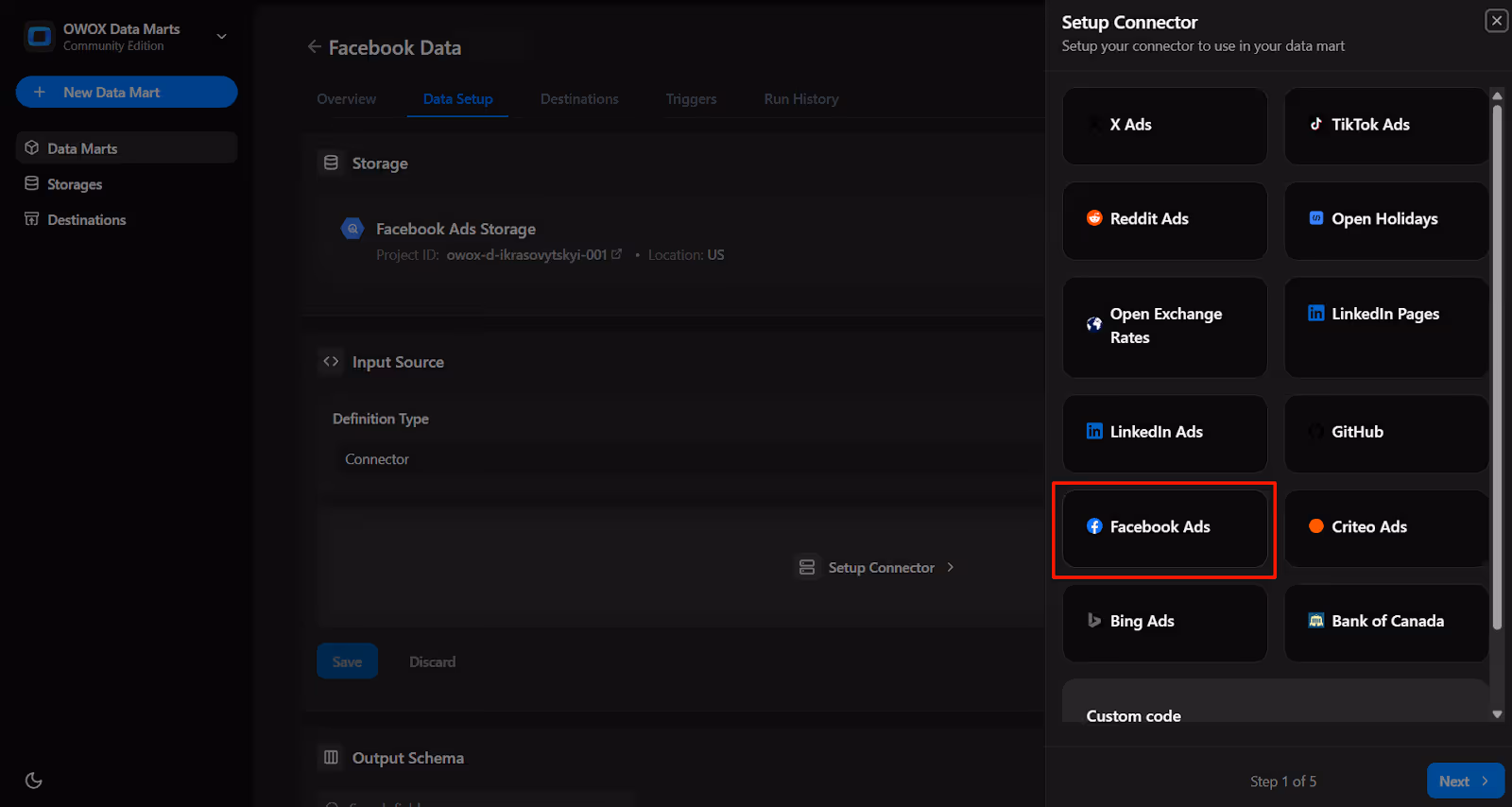 Setup Connector panel in OWOX Data Marts with Facebook Ads selected as the connector source.i-shadow