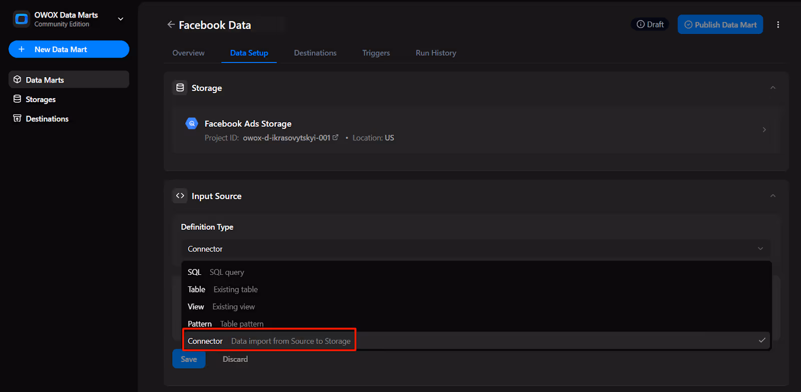 Input Setup section in OWOX Data Marts with 'Connector' selected as the definition type for the data source. i-shadow