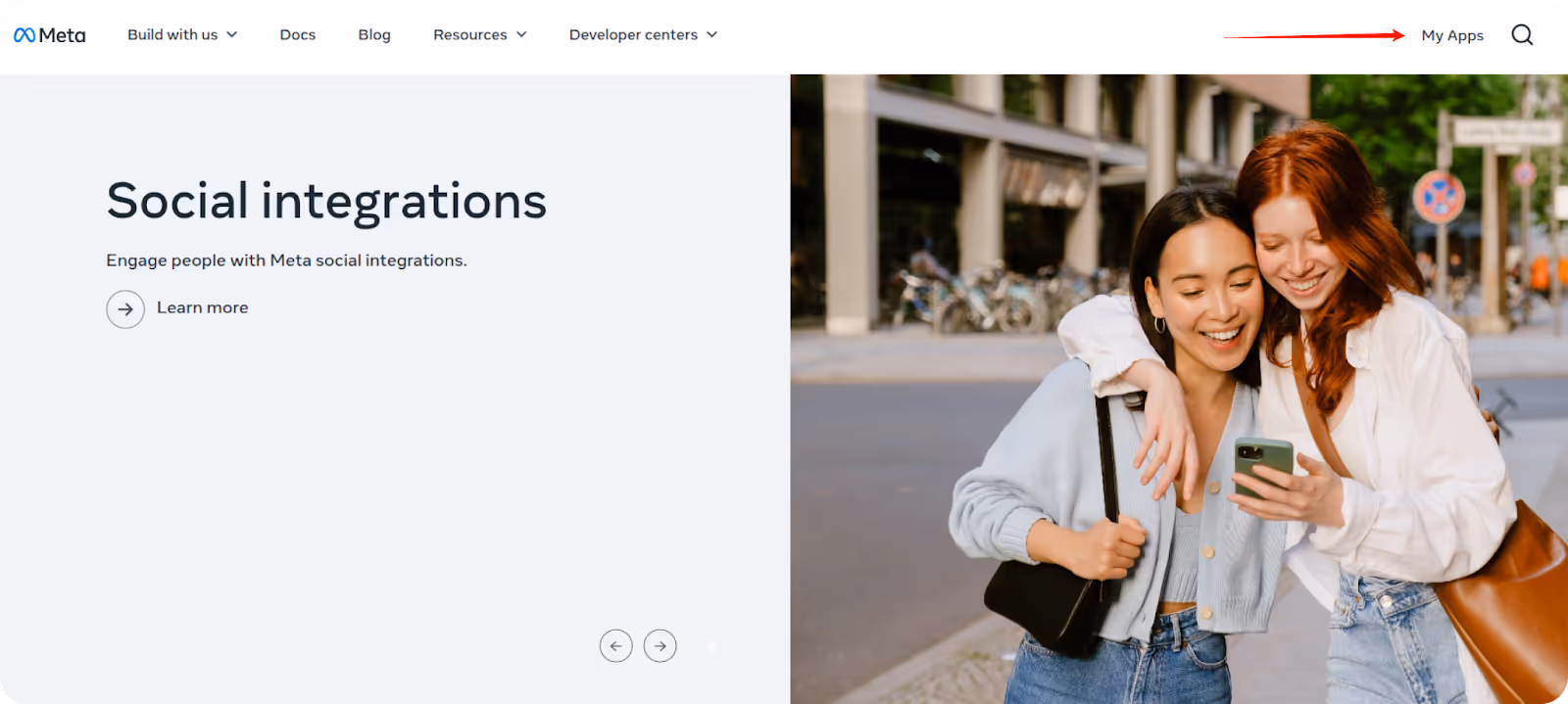 Meta dashboard with “My Apps” button highlighted to manage or create Facebook Apps.
