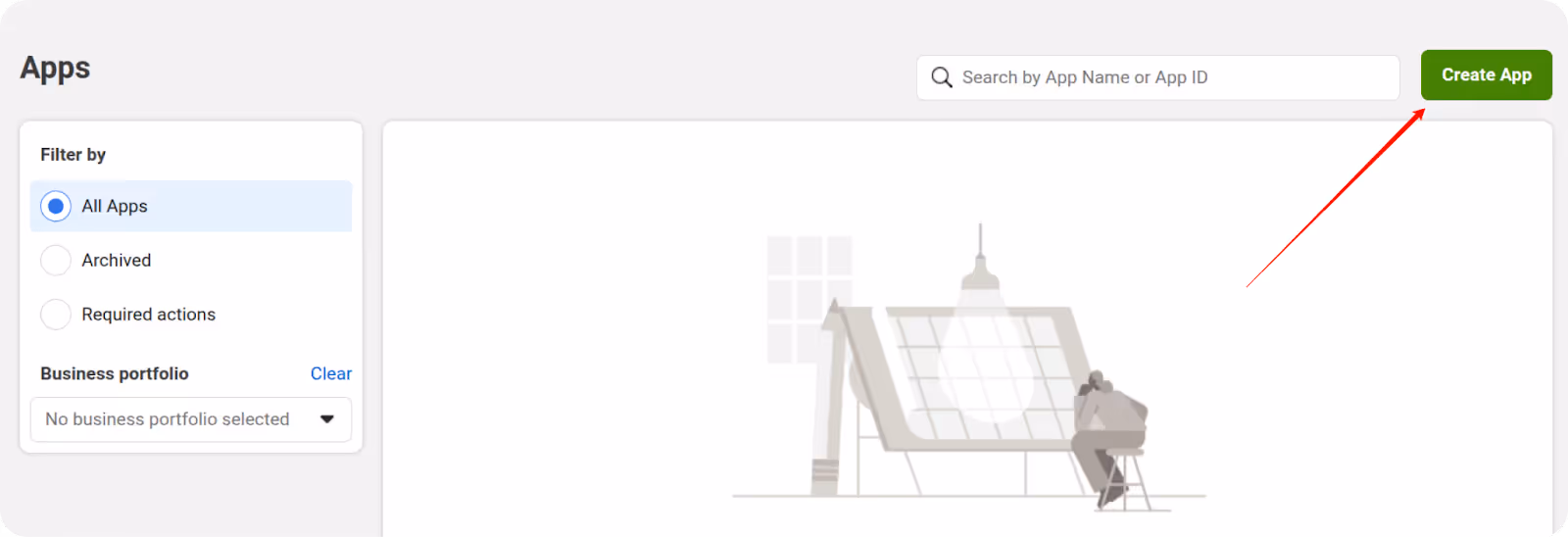 Meta Developer console showing the option to create a new app in the Apps section.