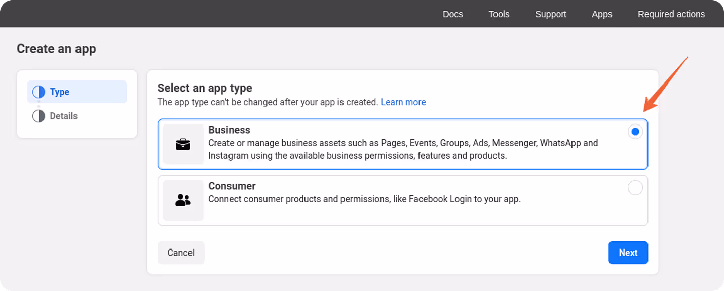 Selection of “Business” as the app type for managing Meta business assets.
