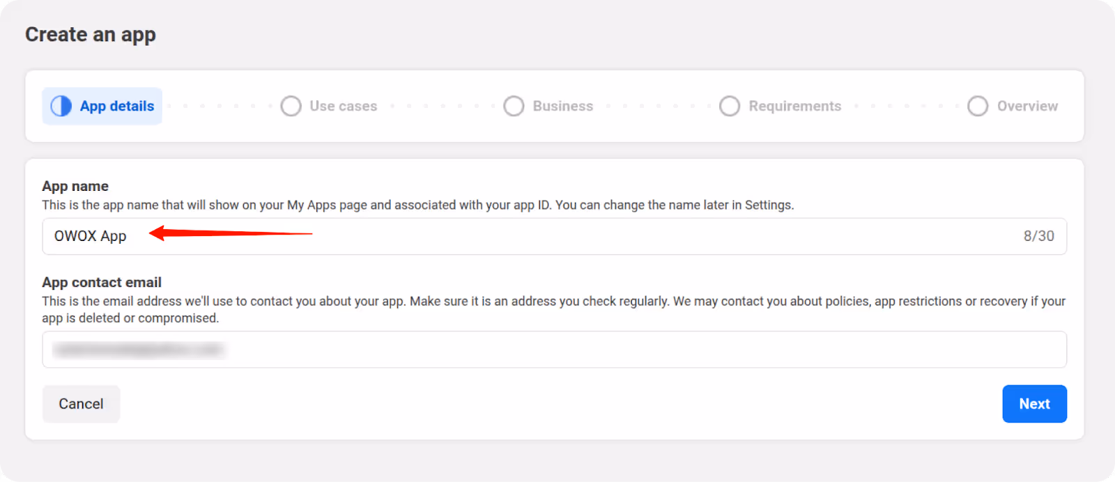 App creation screen with OWOX App name entered and contact email field shown.