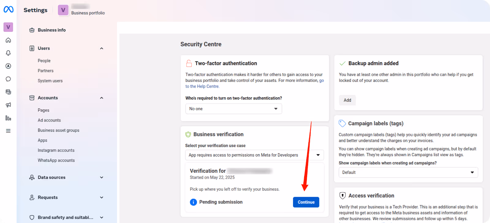Security Centre in Meta Business Manager showing pending business verification.