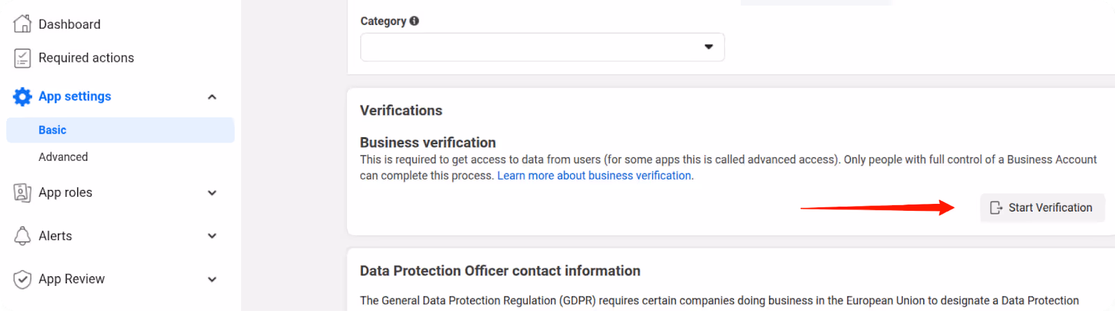 Business verification section under App Settings showing the “Start Verification” button.