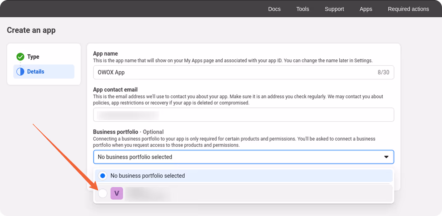 Business portfolio dropdown displayed while filling app creation details.